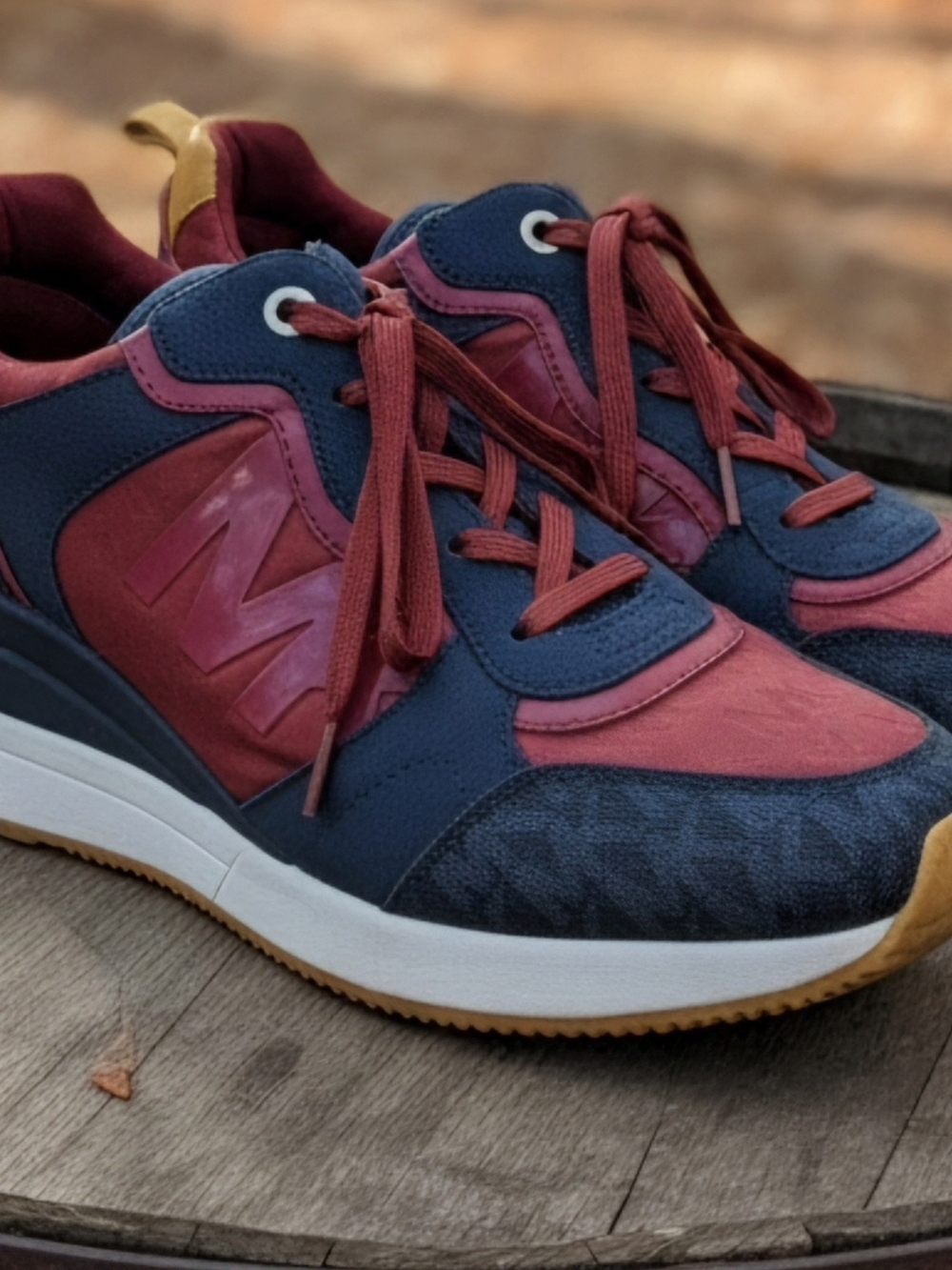 MICHAEL Michael Kors Navy and Burgundy Sneakers with Tan Pull Tab